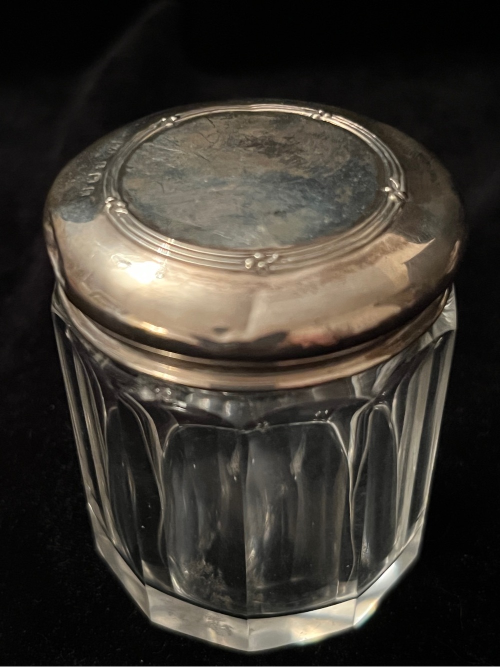 Antique 1907 Sterling Silver Top Glass Dresser Vanity Jar WD London FLAWED